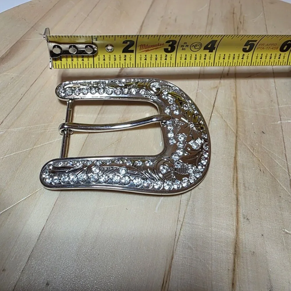 Western-style Silver Tone rhinestone belt buckle Scroll Pattern Cowboy Cowgirl